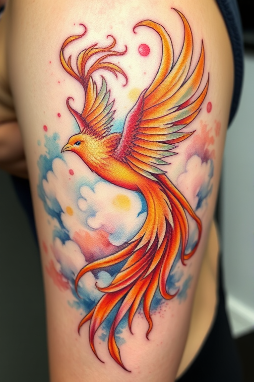 Vibrant watercolor tattoo depicting a majestic phoenix rising from ashes, feathers blending into swirling clouds, intricate details in soft pastels and bold oranges, ethereal and dreamlike quality