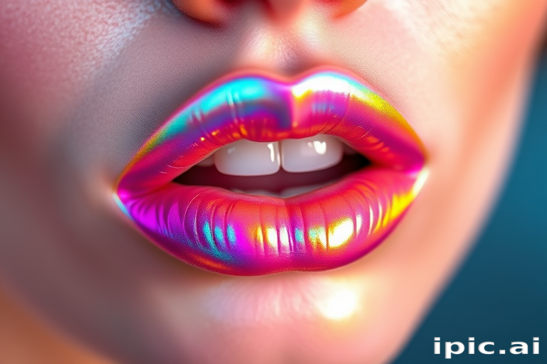 Iridescent holographic lip gloss named "Unicorn Dreams" that shifts colors in different lighting, creating a mesmerizing rainbow effect on the lips