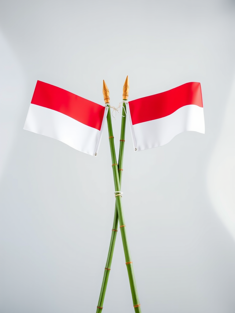 Create a high-resolution image of two crossed Indonesian flags tied to green bamboo poles against a transparent background, using a DSLR camera with an aperture of f/2.8, ISO 100, and a 50mm lens for sharp details and vibrant colors, capturing a frontal view in a soft natural light style.