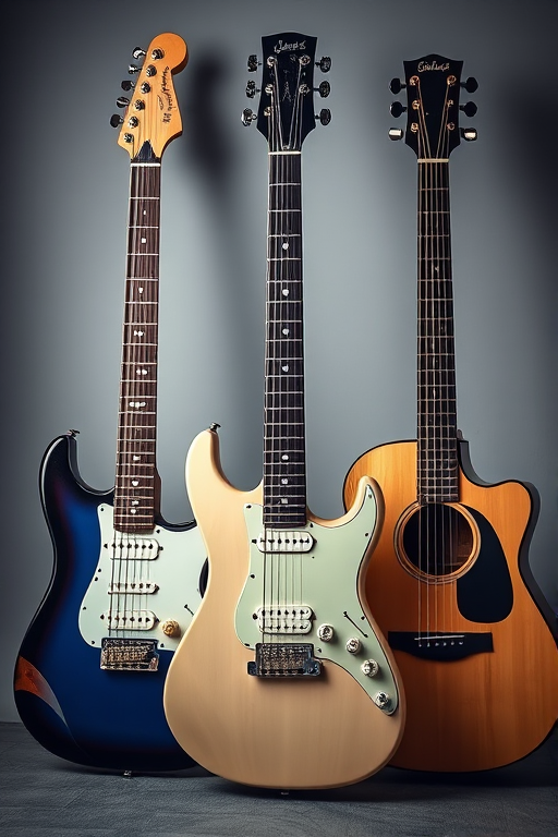 Create a high-resolution image of three guitars, including an electric guitar, a modern electric guitar, and an acoustic guitar, capture with a DSLR camera using a 50mm lens, aperture f/1.8, ISO 200, shot from a frontal view with soft lighting to enhance details and colors.