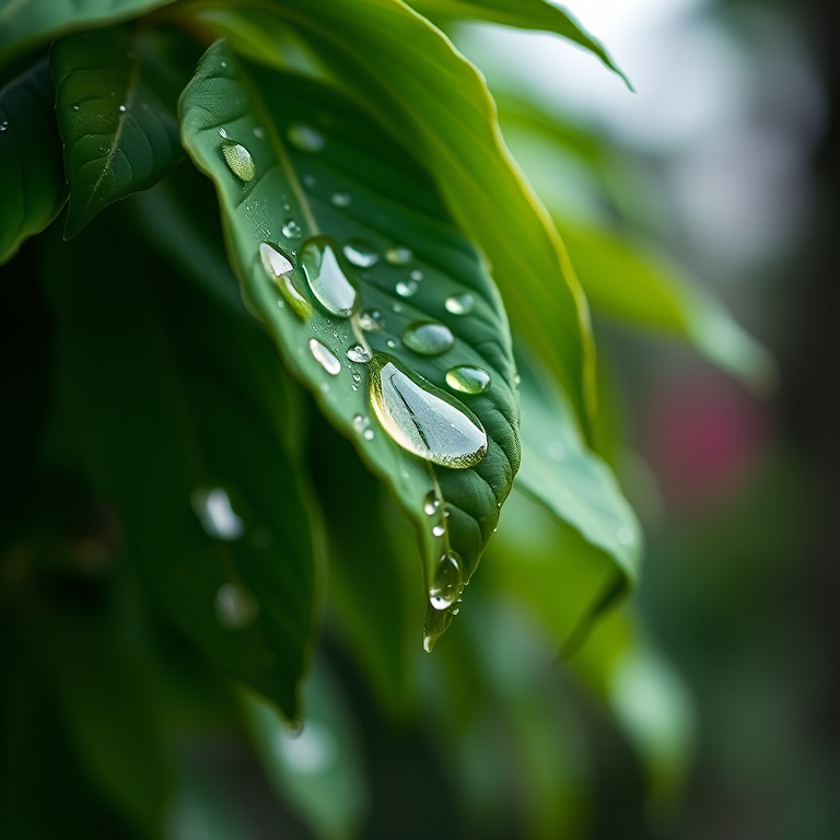 Macro shot of green leaves with water droplets, soft focus background, natural light, aperture f/2.8, shutter speed 1/200s, ISO 100, DSLR camera, 50mm lens.