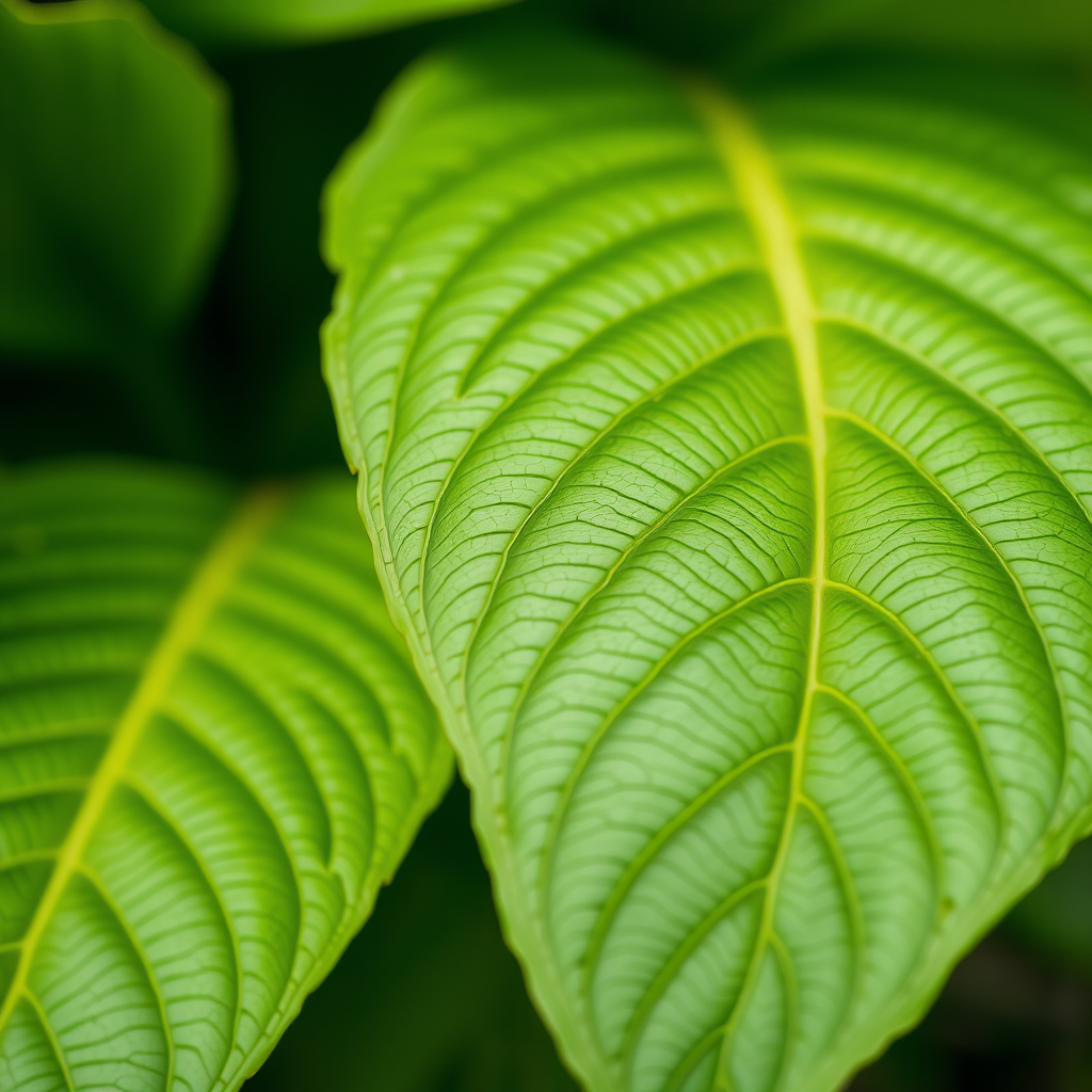 lush green leaves with intricate veining, shallow depth of field, soft natural lighting, shot with a DSLR camera at ISO 200, f/2.8, 50mm lens, side view, macro photography style
