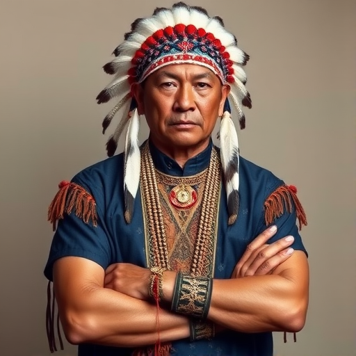 Create a dignified portrait of a Native American man dressed in traditional attire. He wears a beautifully crafted headdress adorned with white feathers and red beads, along with a beaded headband featuring intricate patterns. His clothing includes a deep blue, patterned shirt and a traditional chest piece with detailed beadwork. His arms are crossed, displaying leather armbands decorated with feathers. The background is simple and neutral, emphasizing his proud and stoic expression. The overall image captures the rich cultural heritage and strength of his persona.