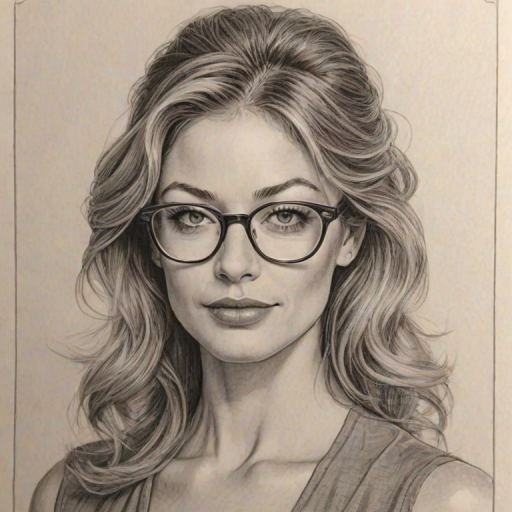 Ravishing Rebecca Gayheart, pencil sketch, portrait of Appealing woman 1976s in glasses, hair style beatnik, outline, clear lines, fine lines, 8k