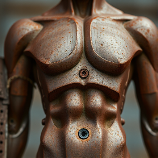 Create a highly detailed image of a rusty metallic sculpture of a human figure, captured with a Canon EOS R5 at f/1.8, ISO 100, 1/200s, using a shallow depth of field and a straight-on view to emphasize texture and form.