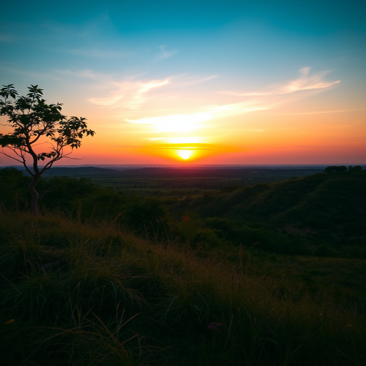 Create a high-resolution image of a serene landscape at sunset with vibrant colors, using a DSLR camera at ISO 100, f/8 aperture, 1/200 sec shutter speed, wide-angle view, and natural lighting to enhance the scene's details and depth.