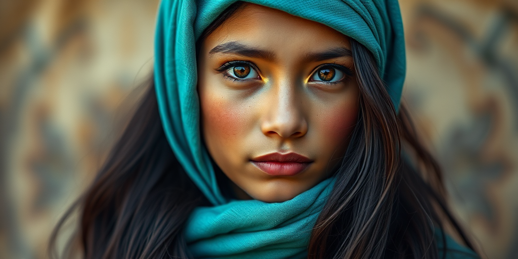 Create a portrait of a young Inca female with long, dark hair and captivating hazel eyes. She is wearing a cyan headscarf and a matching scarf draped gracefully around her neck. The background is softly blurred, focusing attention on her serene and natural expression. The overall color palette is muted and warm, enhancing the intimate and authentic feel of the portrait.