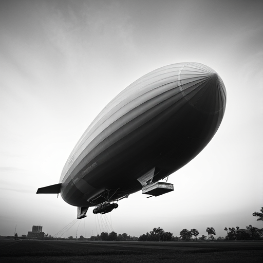 Create a high-resolution image of a large Zeppelin in a stark black and white style, captured in a low-angle view with a wide aperture (f/2.8), shutter speed of 1/500s, ISO 100, using a digital camera with a telephoto lens for clarity and depth.