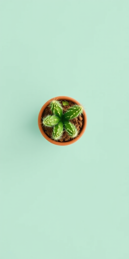 A vibrant green cactus in a terracotta pot against a solid mint green background, photographed with a Canon EOS R5 at f/2.8, ISO 100, 50mm lens, natural light, top-down view, minimalistic style.