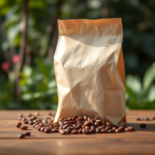 photograph a bag of coffee beans on a wooden table with a blurred background of greenery, taken with a 50mm lens at f/1.8, ISO 100, shutter speed 1/200, using natural light in a bright and airy style