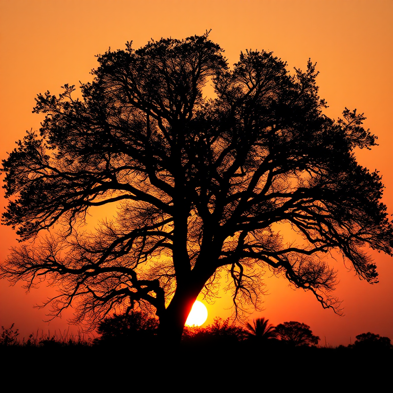 Create a high-resolution silhouette of a tree against a sunset background, using a Canon EOS R5 camera, 50mm lens, f/1.8 aperture, ISO 100, with a soft focus style and a warm color balance to enhance the image quality.