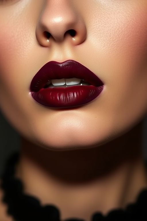 Matte burgundy lips exude sophistication in the "Vintage Vamp" look, boasting a rich, deep wine color that evokes classic Hollywood glamour, with precisely defined edges and a velvety texture that creates a bold statement, perfect for elegant evening affairs or dramatic photoshoots that demand attention and allure