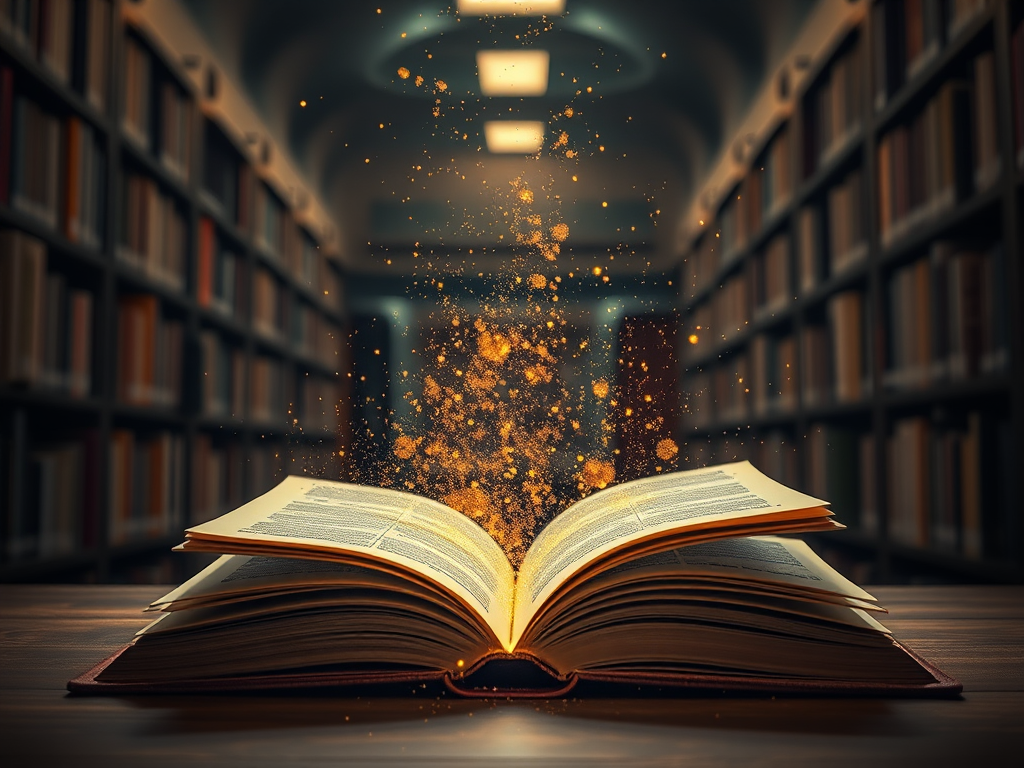 A magical open book emitting swirling golden dust and sparks in a dimly lit library filled with bookshelves in the background, shot with a Canon EOS R5 at f/1.8, ISO 200, 1/100 sec, with a wide-angle lens for depth and bokeh effect.