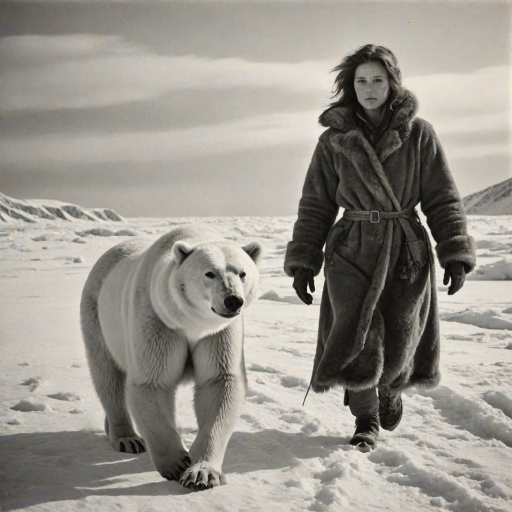 A very old photograph in black and white. The photo is badly damaged, faded, with scratches, tears, smudges and dirt. The photo is ultra-realistic and very detailed. It's a picture of an Arctic warrior. She is walking serenely towards the camera. At her side walks a majestic polar bear. Its fur shines in the sunlight. Snow, ice, sea. wind. snow in the air.