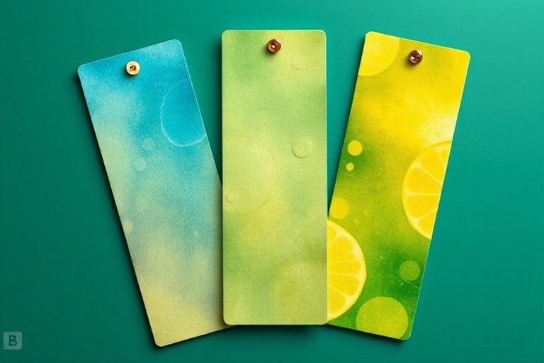 create a photo of Three bookmarks with a realistic picture of a "yellow, blue and green",
