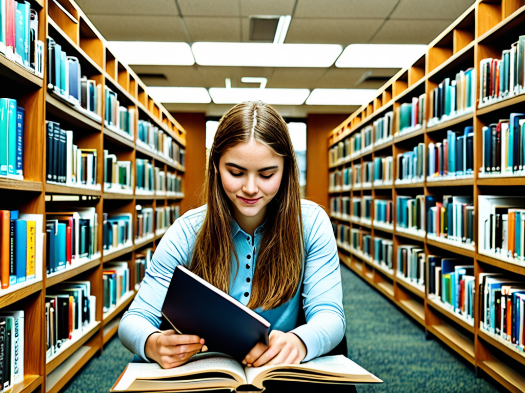 Students Rading The Library A STUDENT READING IN A LIBRARY.