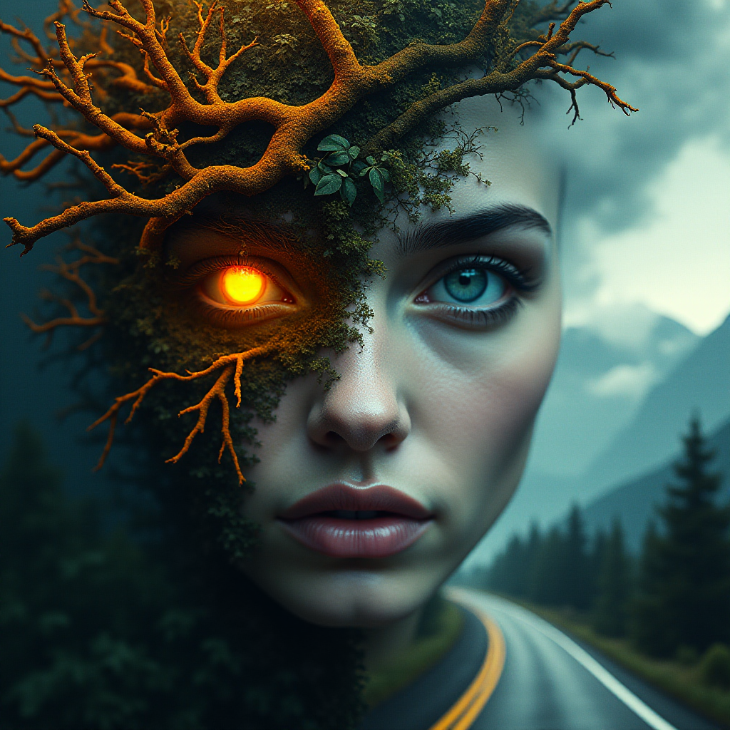 A surreal portrait of a woman's face merging with nature and a road. One half of her face is covered in glowing orange vines, tree roots, and dense forest vegetation. The other half is in grayscale, featuring storm clouds and a road that stretches into the horizon. Both of her eyes are highly expressive: one glowing amber and the other cool blue. The scene contrasts vibrant nature with a stormy, monochromatic landscape, with mountains in the background. The image is highly detailed, with dramatic lighting and texture, creating a mystical, harmonious balance between nature and humanity.
