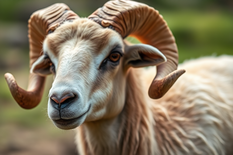 Capture a close-up shot of a ram with prominent curled horns in natural light, using a DSLR camera with a 50mm lens, aperture set to f/2.8 for a shallow depth of field, ISO 200 for optimal quality, and a focal length of 50mm for detailed focus on the ram's features.