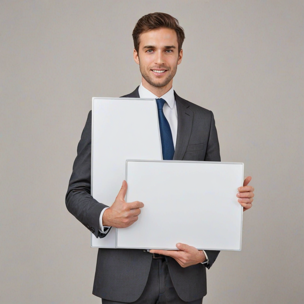 Create an image of a professional individual in a business suit, holding a large blank whiteboard in front of their face. The background should be neutral to emphasize the person and the blank board. Make sure the person's hands are visible, and they are positioned at mid-chest level, showcasing the blank space clearly.