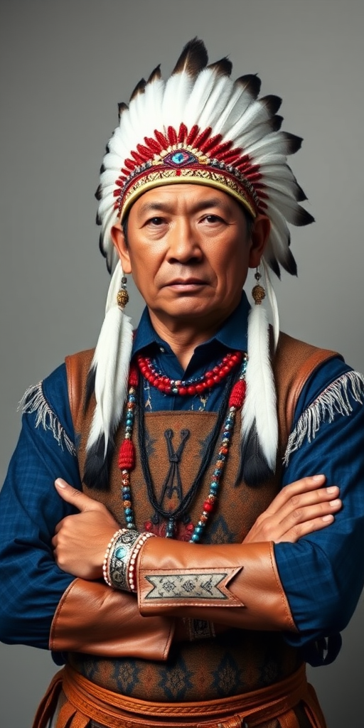 Create a dignified portrait of a Native American man dressed in traditional attire. He wears a beautifully crafted headdress adorned with white feathers and red beads, along with a beaded headband featuring intricate patterns. His clothing includes a deep blue, patterned shirt and a traditional chest piece with detailed beadwork. His arms are crossed, displaying leather armbands decorated with feathers. The background is simple and neutral, emphasizing his proud and stoic expression. The overall image captures the rich cultural heritage and strength of his persona.