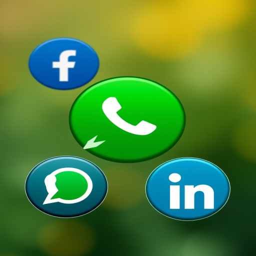 Create an image featuring four circular icons for social media platforms: Facebook, Google+, WhatsApp, and LinkedIn, using a high-resolution DSLR camera with a 50mm lens, aperture set at f/2.8, ISO 100, and a shallow depth of field for a soft background.