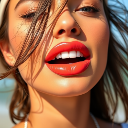 Vibrant Coral Crush lip color adorns a model's full lips, creating a sun-kissed glow that complements her bronzed skin and beach-inspired makeup look, perfect for summer adventures