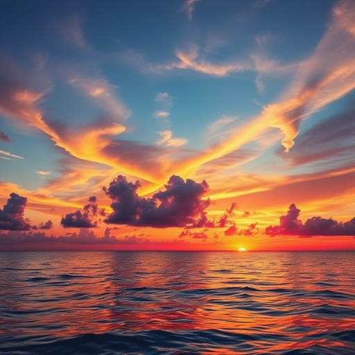 Create a vibrant image of a sunset over a calm ocean, using a DSLR camera with a 24mm lens, aperture f/8, ISO 100, and a shutter speed of 1/200s, shot from a low angle to capture reflections on the water, with a focus on warm colors and dramatic cloud patterns.