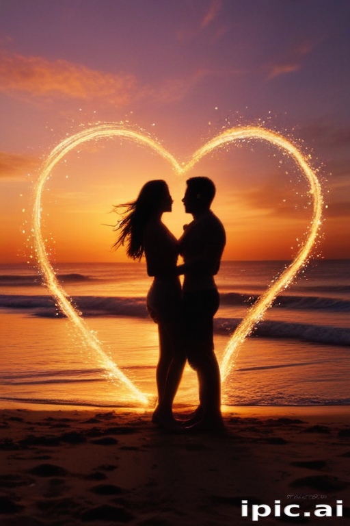 Romantic Sunset Silhouette of a Couple Surrounded by Sparkling Heart