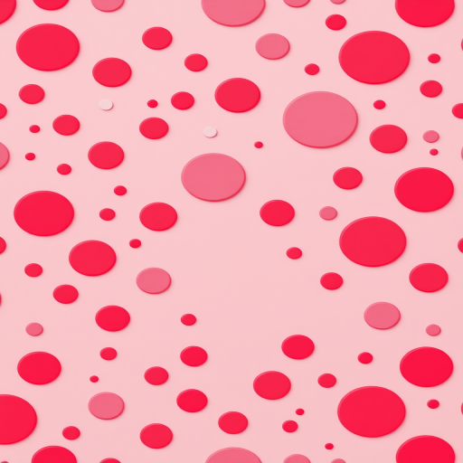 Create a seamless vector pattern featuring various sizes of circles in shades of red and pink against a soft pink background, captured with a Canon EOS R5 at f/8, ISO 100, 50mm lens, with a flat lay view in a minimalistic style.