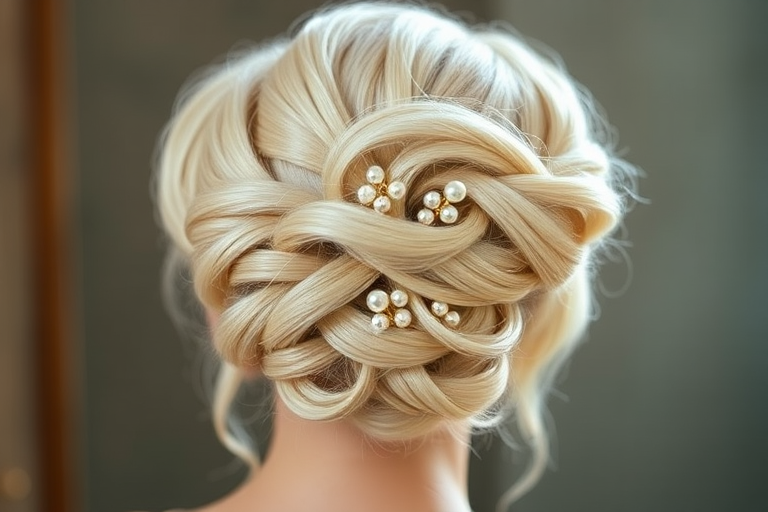 Elegant platinum blonde French twist adorned with delicate pearl pins, exuding sophistication and timeless grace, aptly named "Moonlit Serenade"