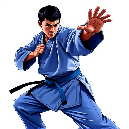 Create a digital illustration of a martial artist in a dynamic pose, wearing a traditional blue karate outfit, with a focus on expressive movement, high saturation colors, soft shadows, and a simple white background, using a wide-angle lens, f/2.8 aperture, 24mm focal length, and a vibrant color palette for clarity and detail.
