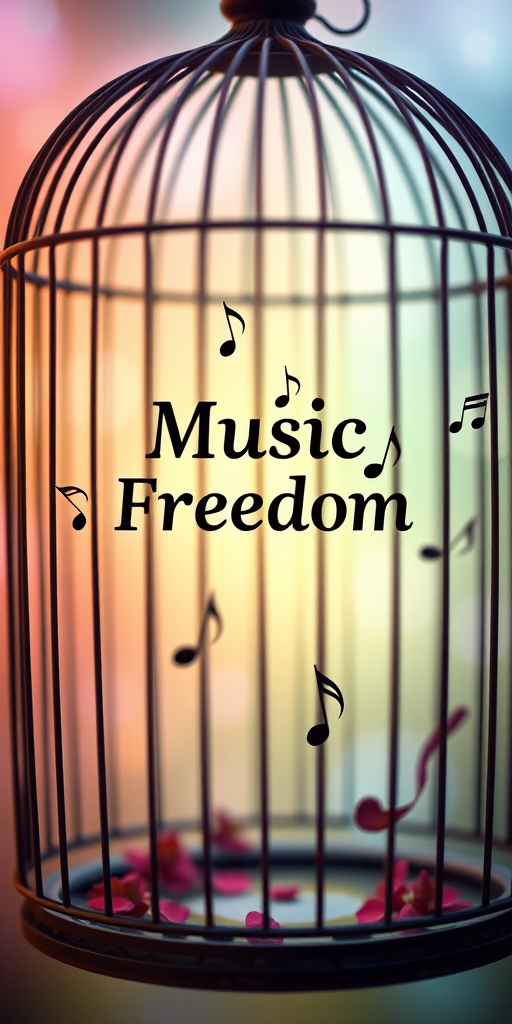 Create a vibrant digital artwork featuring a birdcage with musical notes escaping from it, with the text "Music is Freedom" prominently displayed, using a high-resolution camera with a 50mm lens, f/1.8 aperture, ISO 100, and a shallow depth of field to emphasize the foreground, in a soft pastel color palette and ethereal background lighting.