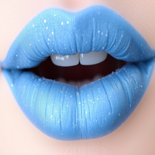 Frosted periwinkle blue lips with a cool, icy sheen and tiny silver glitter particles, called "Winter Wonderland Frost"