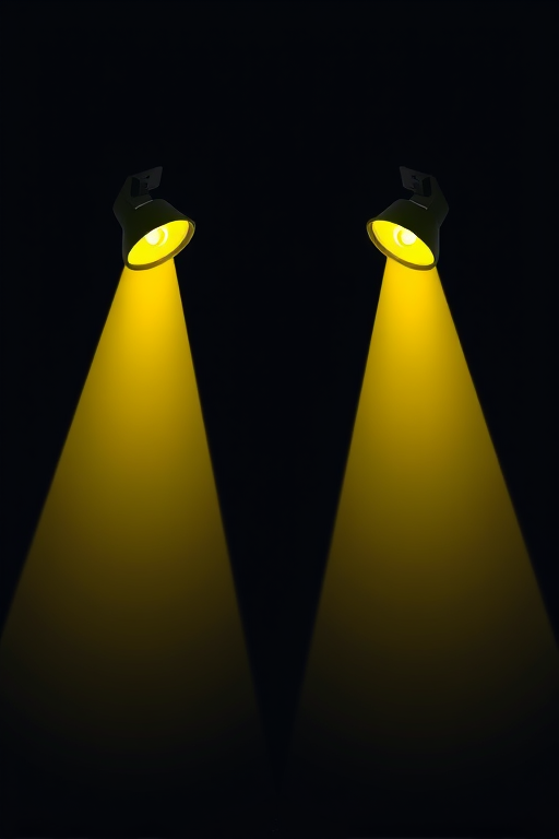 Create an illustration of two spotlight fixtures casting bright yellow light in a V shape on a dark background, using a Canon EOS R5 with a 24mm f/1.4 lens, ISO 100, aperture f/2.8, and shutter speed 1/125s to achieve a high-quality image with sharp details and vivid colors.