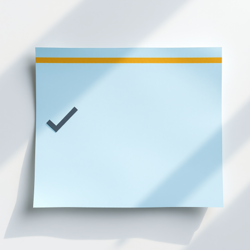 Create a high-resolution image of a light blue document with a gray checkmark icon in the upper left corner and a golden header, captured with a DSLR camera at f/2.8, ISO 100, 50mm focal length, and natural lighting to enhance clarity and detail.