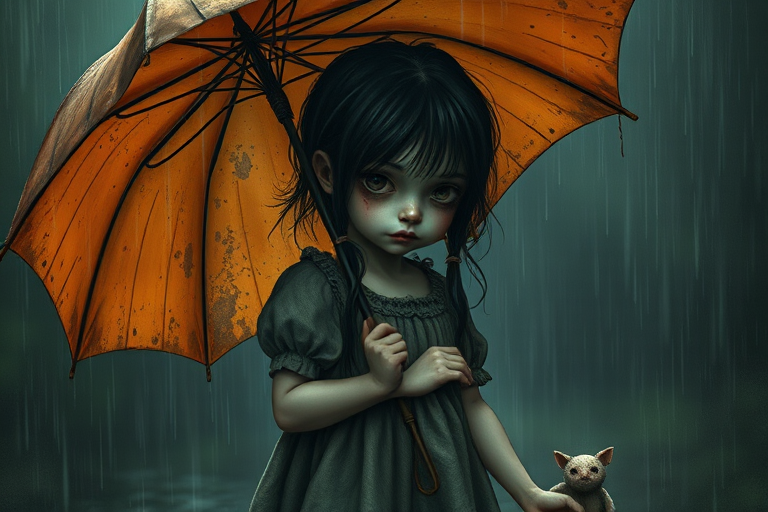 An eerie, weird little girl with dark hair in thin pigtails, wearing a smock dress, standing in the rain, holding a dirty orange umbrella, a small, odd creature beside her. In a surreal style inspired by Nicoletta Ceccoli and Brian Froud. Dark fantasy themes