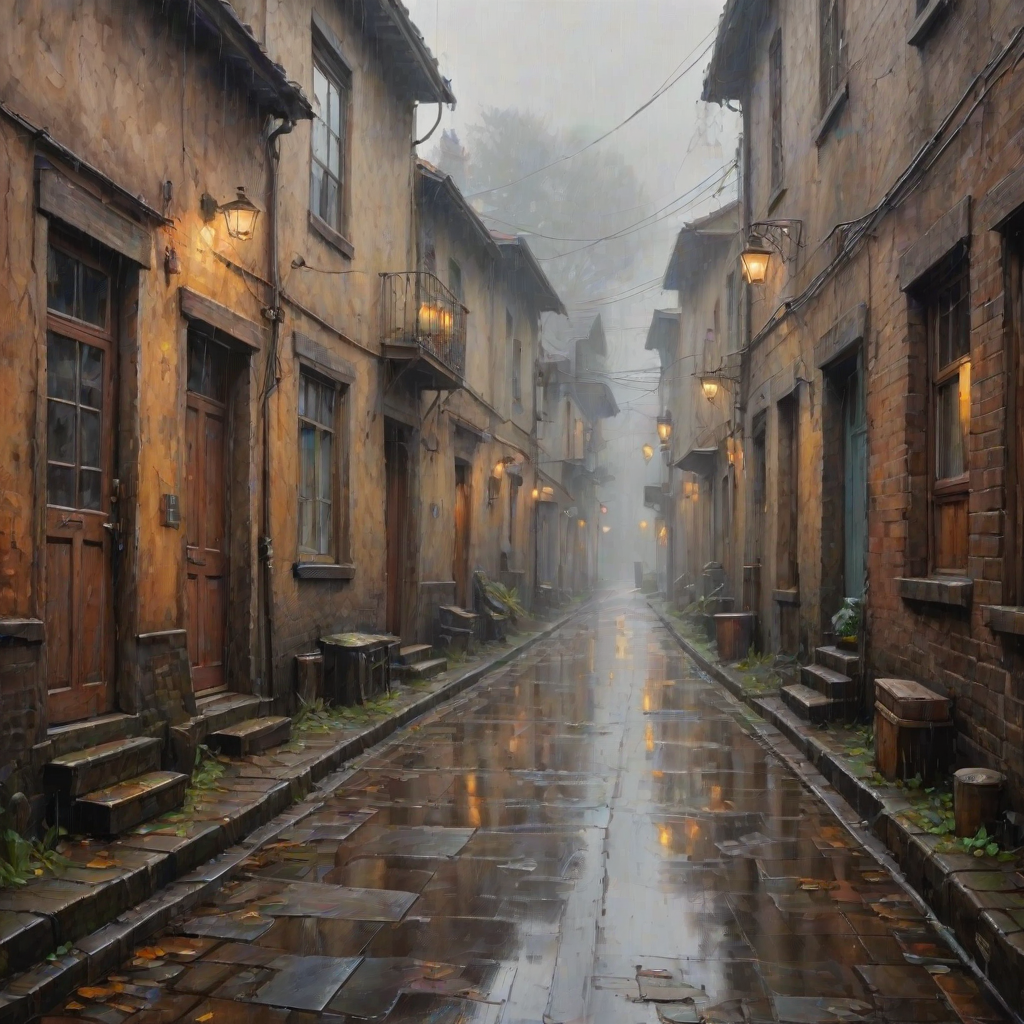 rainy day house painting, fine art painting, fantasy art, 4K, 3D, HDRi, detailed oil painting, high definition art, expressive rustic oil painting, foggy alley, soft focus