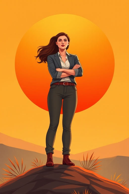 Create an illustration of a confident woman standing on a hill with her arms crossed, against a large orange sun background, use a warm color palette, style it as a digital painting, camera settings: f/4 aperture, ISO 100, shutter speed 1/125, shot from a low angle to emphasize the subject, using a mirrorless camera.