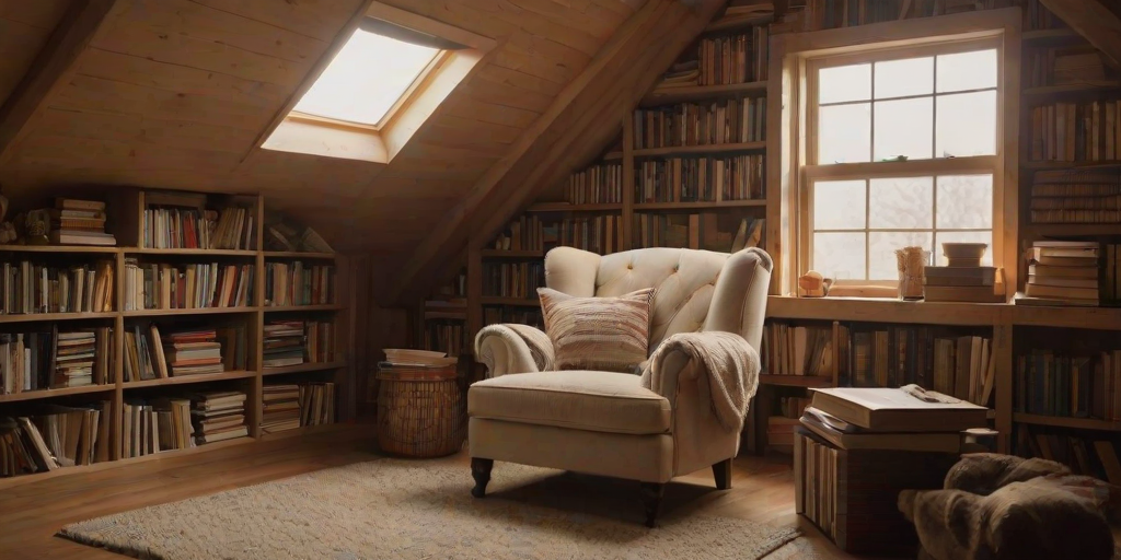 Warmly lit photo of a cozy attic space transformed into a reading nook, with a plush armchair, stacks of books, and soft light spilling in from a small window, creating an inviting retreat.