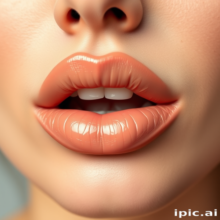 Luscious woman lips painted in a creamy nude shade, natural and effortless, enhancing the lips' natural contours, perfect for everyday elegance