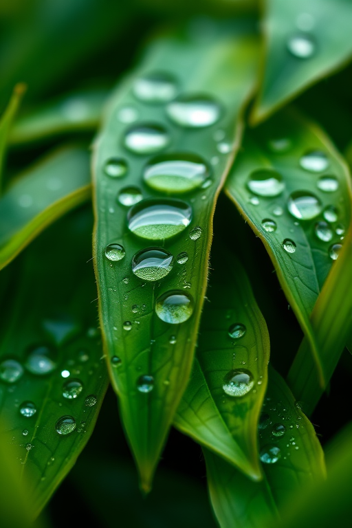 Close-up of vibrant green leaves with water droplets, shallow depth of field, soft natural light, macro lens, ISO 100, f/2.8, shutter speed 1/200 sec, Canon DSLR.