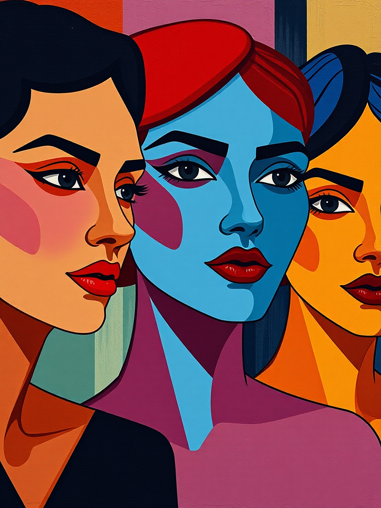 regenerate the image of three stylized women in a cubist art style, using a Canon EOS R5 with an 85mm f/1.2 lens, aperture f/2.8, shutter speed 1/125s, ISO 100, natural lighting, high dynamic range, and vibrant color saturation for enhanced clarity and detail