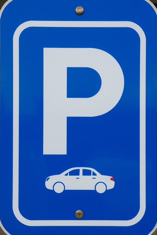 Create a high-resolution image of a parking sign with a large white "P" on a blue background and a small car icon underneath, using a DSLR camera with a 50mm lens, f/2.8 aperture, ISO 100, and a shallow depth of field for a crisp focus on the sign.