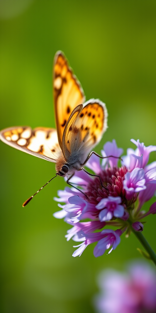 A close-up shot of a butterfly perched on a delicate purple flower, softly blurred green background, macro lens, aperture f/2.8, shutter speed 1/250 sec, ISO 200, natural sunlight.