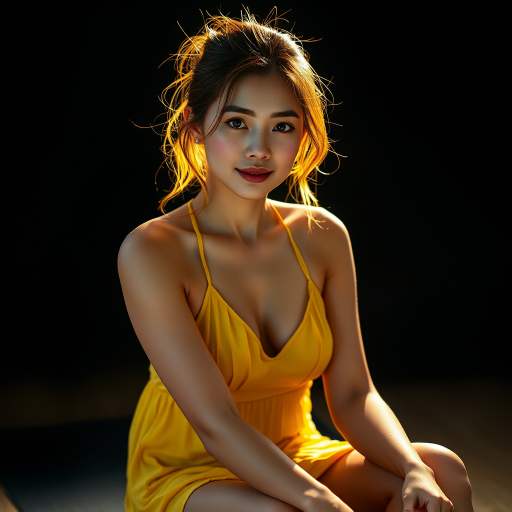 Resplendent photo of woman:Chinese:0.4, highlight hair, wearing Banana dress, sitting on Yoga mat, rim lighting, studio lighting, looking at the camera, dslr, ultra quality, sharp focus, tack sharp, dof, film grain, Fujifilm XT3, crystal clear, 8K UHD, highly detailed glossy eyes, high detailed skin, skin pores