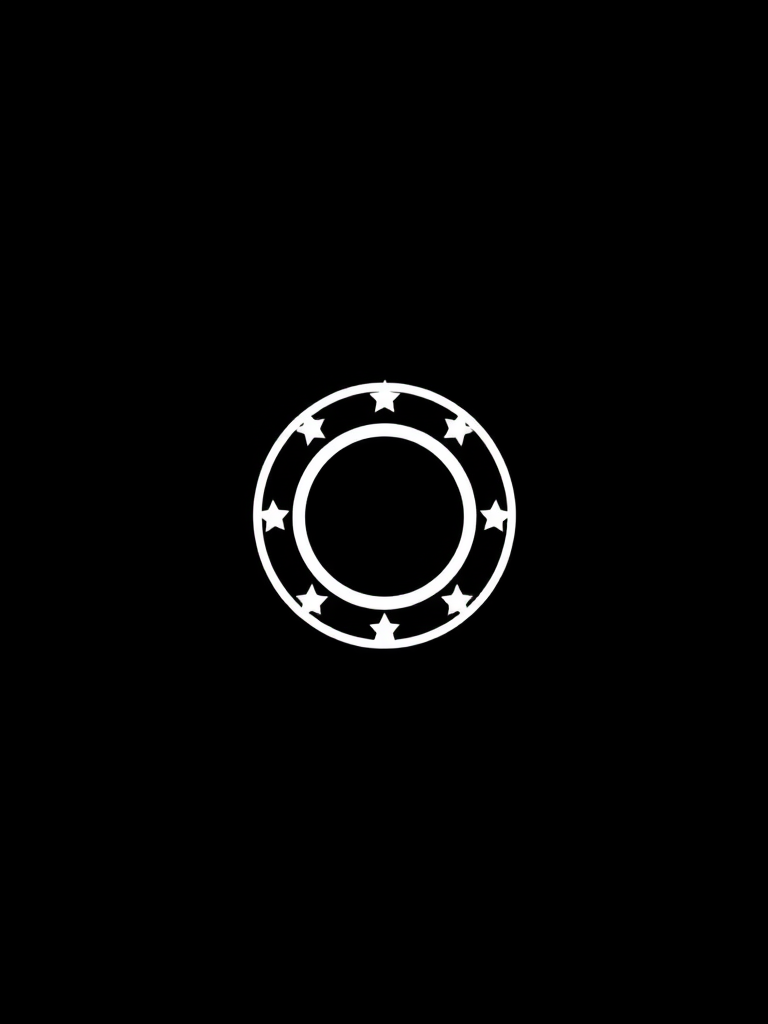 Create a high-resolution graphic of a circular logo with a white outline and stars evenly spaced around it, centered on a solid black background, using a DSLR camera, 50mm lens, f/8 aperture, 1/125s shutter speed, and ISO 100 for optimal clarity.