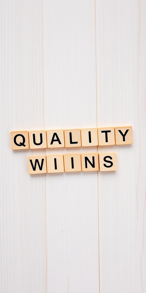 A high-resolution flat lay photograph of wooden letter tiles arranged to spell "QUALITY wins" on a light wooden background, natural lighting, 50mm lens, f/2.8 aperture, ISO 100, shot with a DSLR camera from a top-down view.