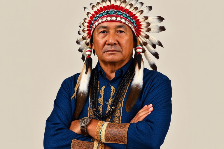 Create a dignified portrait of a Native American man dressed in traditional attire. He wears a beautifully crafted headdress adorned with white feathers and red beads, along with a beaded headband featuring intricate patterns. His clothing includes a deep blue, patterned shirt and a traditional chest piece with detailed beadwork. His arms are crossed, displaying leather armbands decorated with feathers. The background is simple and neutral, emphasizing his proud and stoic expression. The overall image captures the rich cultural heritage and strength of his persona.