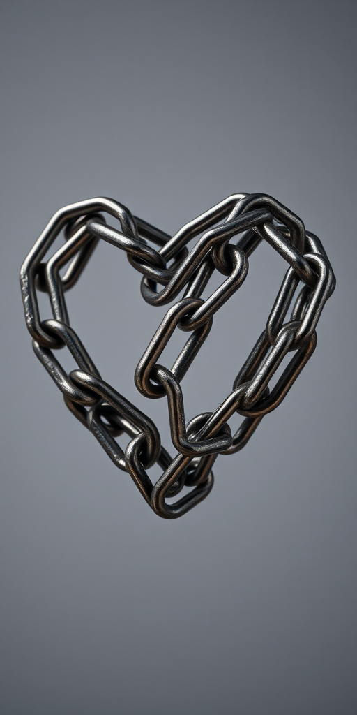 Create a high-resolution image of a heart shape made of interlocking metal chains, with a focus on sharp details, using a 50mm lens, aperture f/2.8, ISO 100, and a shallow depth of field, taken with a DSLR camera in a well-lit studio environment.