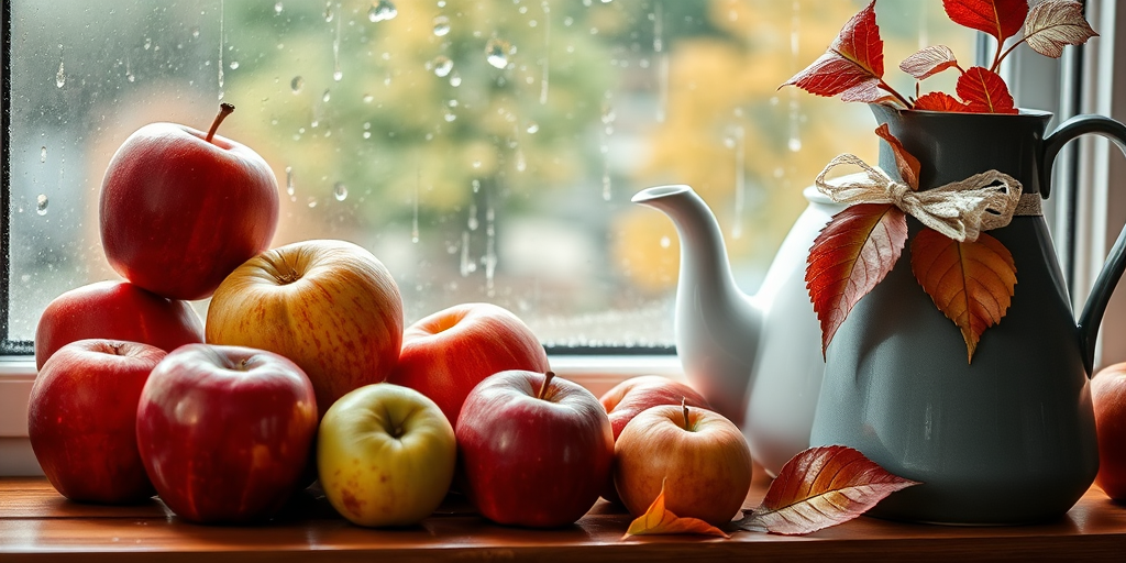 still life of red and green apples, a white teapot and a dark pitcher with leaves in a window during rain, warm autumn colors, natural light, 50mm lens, f/1.8 aperture, ISO 200, soft focus, DSLR camera